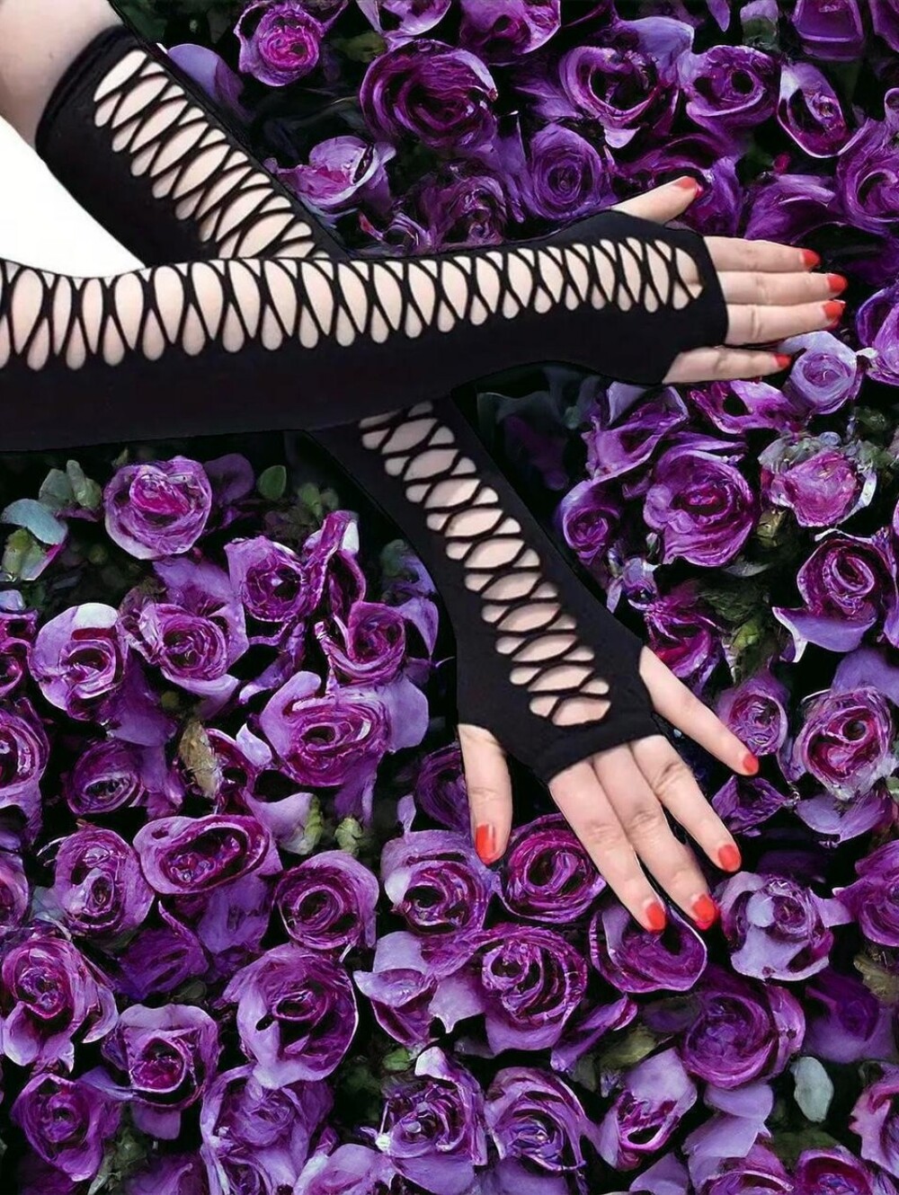 Hollow Out Black Elastic Decorative Arm Cover Gloves Party Performance Fingerle